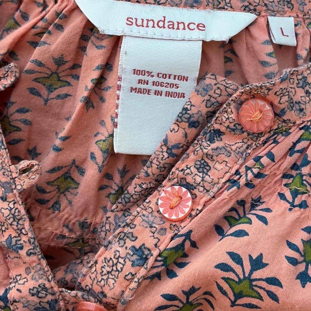Sundance Pink Block Print Cotton Peasant Blouse Henley Top Large Boho - Picture 5 of 5